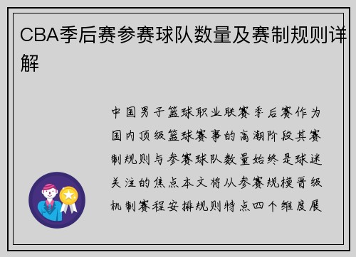 CBA季后赛参赛球队数量及赛制规则详解