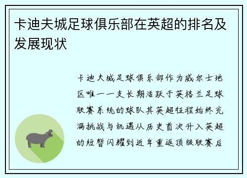 卡迪夫城足球俱乐部在英超的排名及发展现状